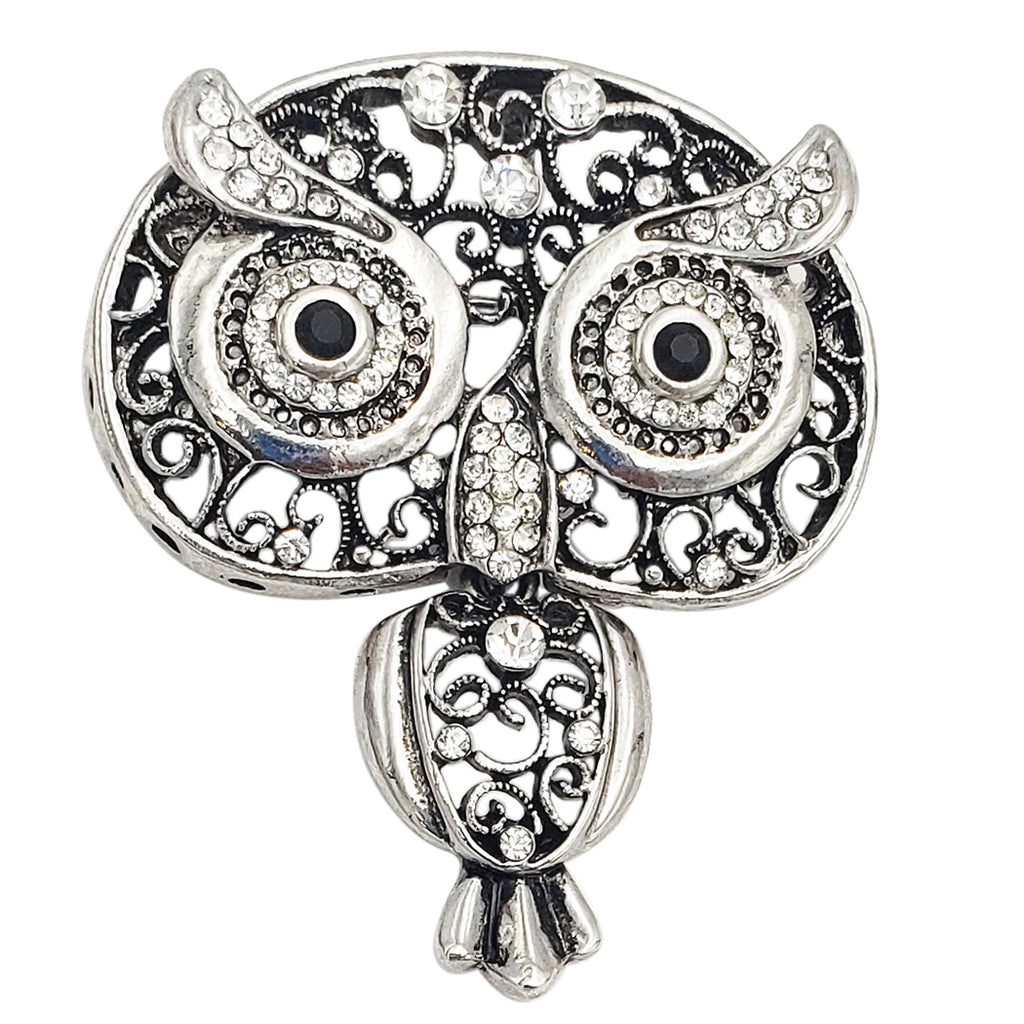 Vintage Style Metal Filigree With Crystal Accents Hootiful Wise Owl Brooch With Pendant Loop, 2.5" (Aged Silver Tone)