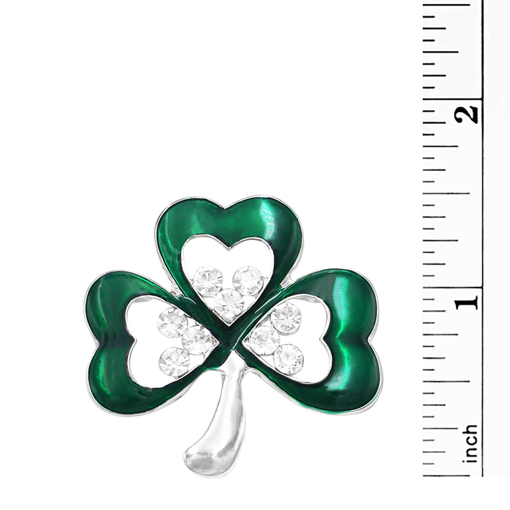 Stunning Green Enamel With Crystal Rhinestone Details Lucky Shamrock Clover St Patrick's Day Irish Boutonniere Brooch Pin, 1.5" (Silver Tone)