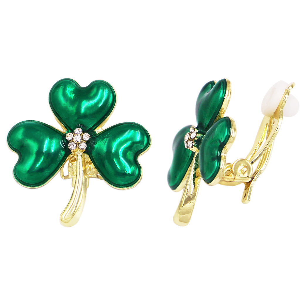 Lucky Shamrock 3 Leaf Clover St Patrick's Day Enamel With Crystal Rhinestone Center Clip On Earrings, 1" (Gold Tone)