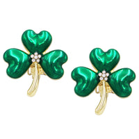 Lucky Shamrock 3 Leaf Clover St Patrick's Day Enamel With Crystal Rhinestone Center Clip On Earrings, 1" (Gold Tone)