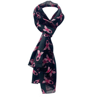 Satin Stripe Lightweight Pink Ribbon Breast Cancer Awareness Fashion Scarf, 60" (Black Background)