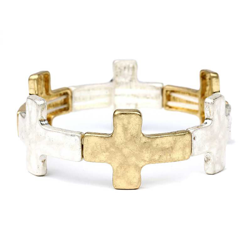 Rosemarie's Religious Gifts Women's Statement Matte Gold And Silver Tones Hammered Cross Charms Stretch Bangle Bracelet, 6.5"