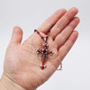 Stunning Vintage Vibes Crystal Rhinestone Christian Cross Pendant Necklace Earrings Set, 18"+3" Extender (Red Crystal Burnished Silver Tone)