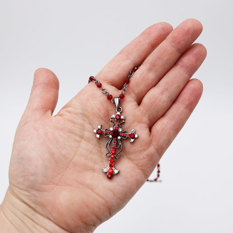 Stunning Vintage Vibes Crystal Rhinestone Christian Cross Pendant Necklace Earrings Set, 18"+3" Extender (Red Crystal Burnished Silver Tone)