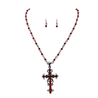 Stunning Vintage Vibes Crystal Rhinestone Christian Cross Pendant Necklace Earrings Set, 18"+3" Extender (Red Crystal Burnished Silver Tone)