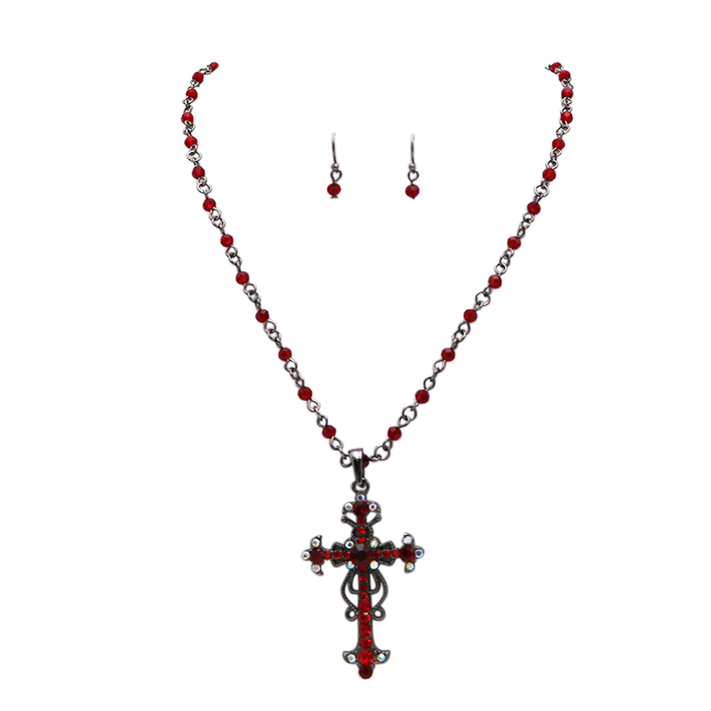 Stunning Vintage Vibes Crystal Rhinestone Christian Cross Pendant Necklace Earrings Set, 18"+3" Extender (Red Crystal Burnished Silver Tone)
