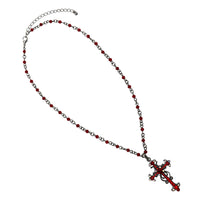 Stunning Vintage Vibes Crystal Rhinestone Christian Cross Pendant Necklace Earrings Set, 18"+3" Extender (Red Crystal Burnished Silver Tone)