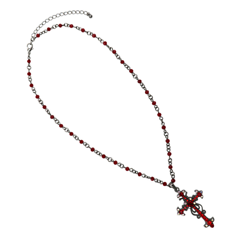 Stunning Vintage Vibes Crystal Rhinestone Christian Cross Pendant Necklace Earrings Set, 18"+3" Extender (Red Crystal Burnished Silver Tone)