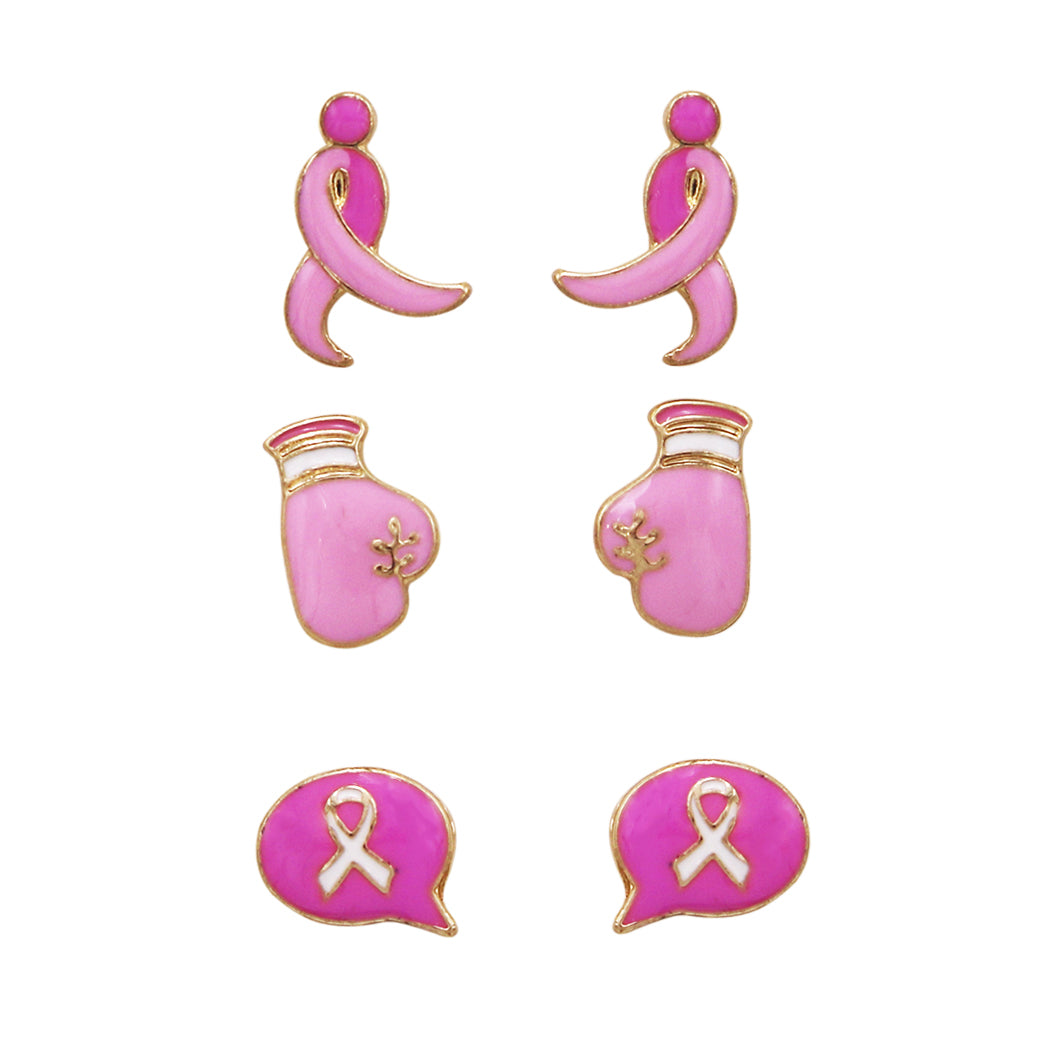 Fun Enamel Coated Pink Ribbon Breast Cancer Awareness Stud Earrings Gift Set Of 3