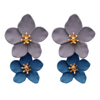 Colorful Fun Powder Coated 3D Metal Double Flower Dangle Post Earrings, 1.5"