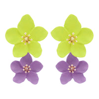 Colorful Fun Powder Coated 3D Metal Double Flower Dangle Post Earrings, 1.5"