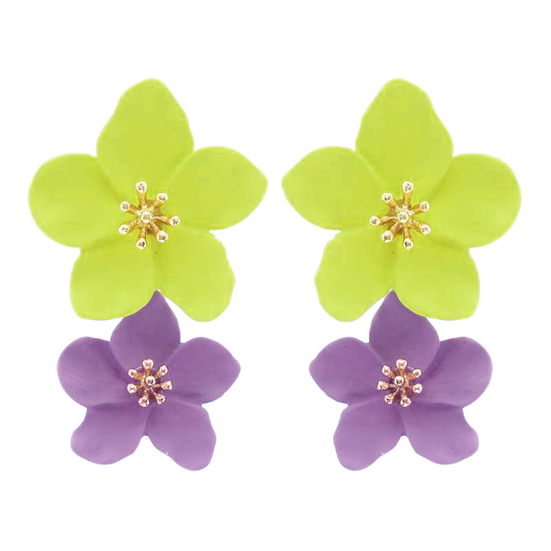 Colorful Fun Powder Coated 3D Metal Double Flower Dangle Post Earrings, 1.5"