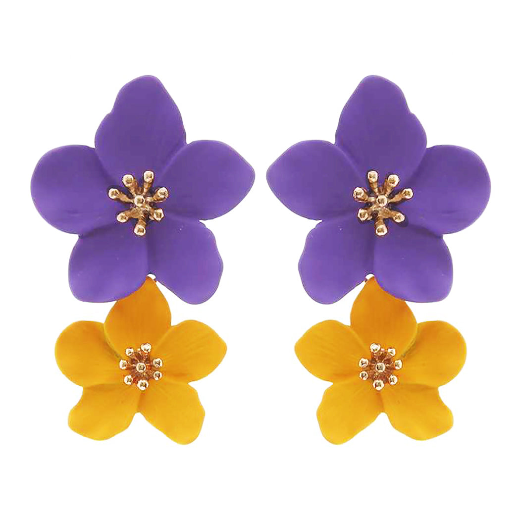 Colorful Fun Powder Coated 3D Metal Double Flower Dangle Post Earrings, 1.5"