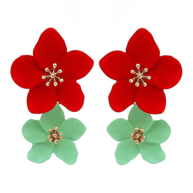 Metal Ivory Designed Flower Dangle Drop Statement Post Earrings, 1.5" Red/Sea Green