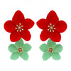 Metal Ivory Designed Flower Dangle Drop Statement Post Earrings, 1.5" Red/Sea Green