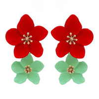 Metal Ivory Designed Flower Dangle Drop Statement Post Earrings, 1.5" Red/Sea Green