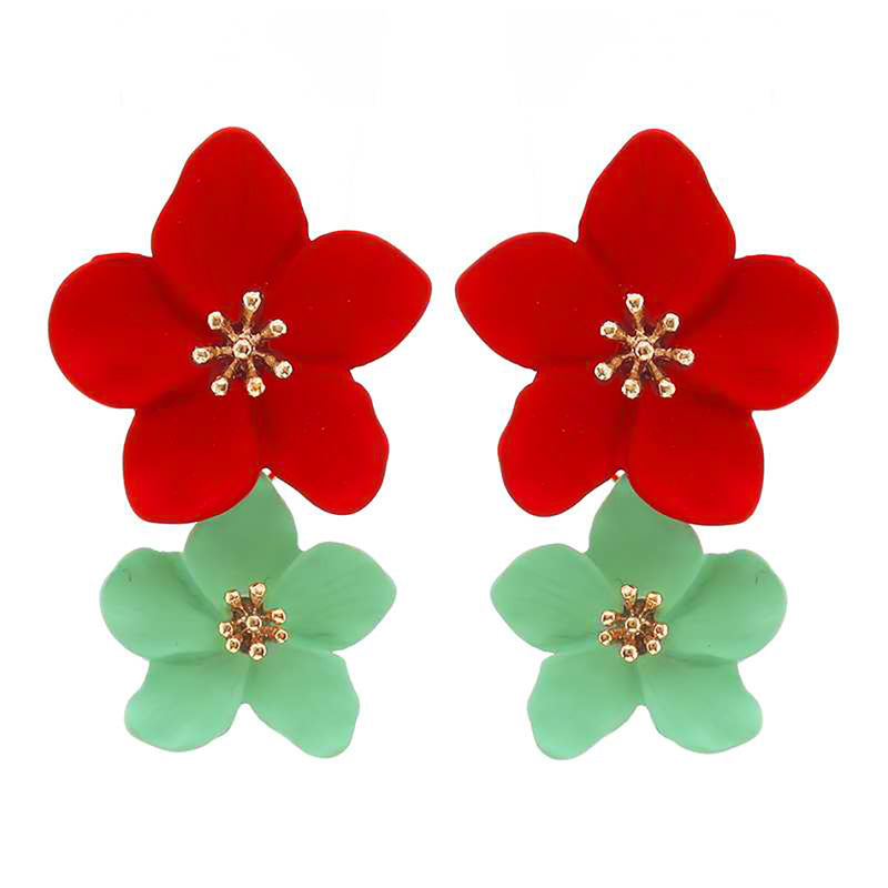 Colorful Fun Powder Coated 3D Metal Double Flower Dangle Post Earrings, 1.5"