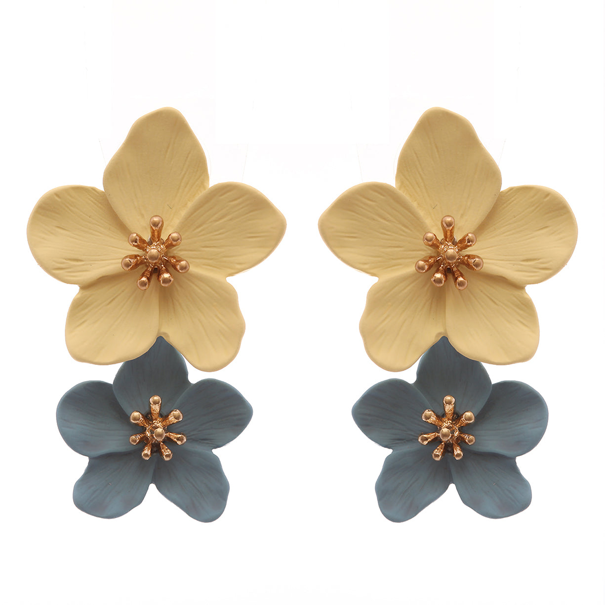 Colorful Fun Powder Coated 3D Metal Double Flower Dangle Post Earrings, 1.5"