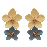 Colorful Fun Powder Coated 3D Metal Double Flower Dangle Post Earrings, 1.5"