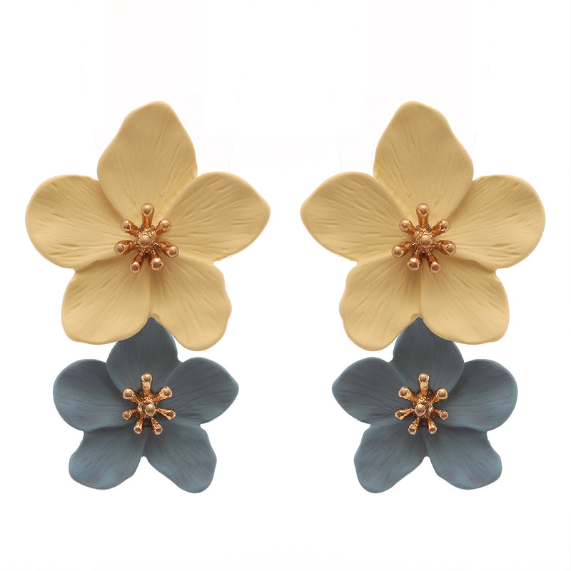 Colorful Fun Powder Coated 3D Metal Double Flower Dangle Post Earrings, 1.5"