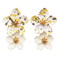 Double Metal Designed Flower Dangle Drop Statement Post Earrings, 1.5" Ivory With Gold Yellow And Tan Flecks