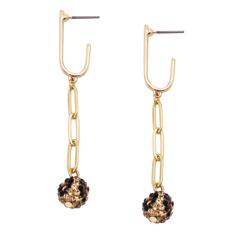 Get Wild Leopard Print Pave Crystal Ball Drop Earrings (Link Chain Gold Tone Post Back, 2.25")