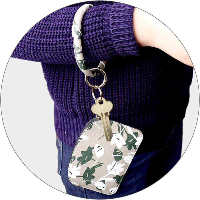 Women's Trendy Flower Pattern Vegan Leather Bangle Bracelet with Clutch Wristlet Key Chain Ring Clip Holder