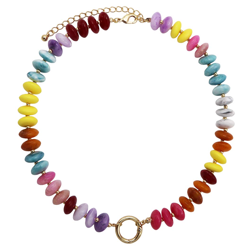 Chunky Resin Disc Beaded Necklace, 18K Gold Dipped, Multi-Color, 18-22 Inch with 4 Inch Extension