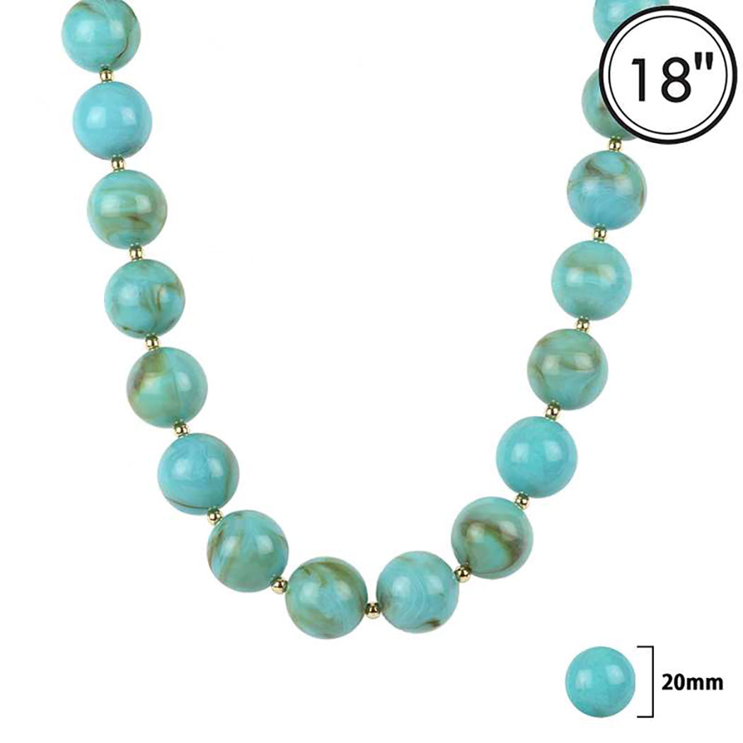Chunky Resin Beaded Strand Necklace, Turquoise Marbled, 20mm Beads, 18K Gold Dipped, 18-21 Inch with 3 Inch Extension