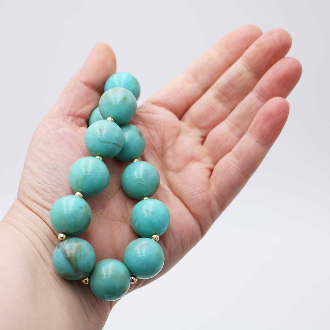Chunky Resin Beaded Strand Necklace, Turquoise Marbled, 20mm Beads, 18K Gold Dipped, 18-21 Inch with 3 Inch Extension