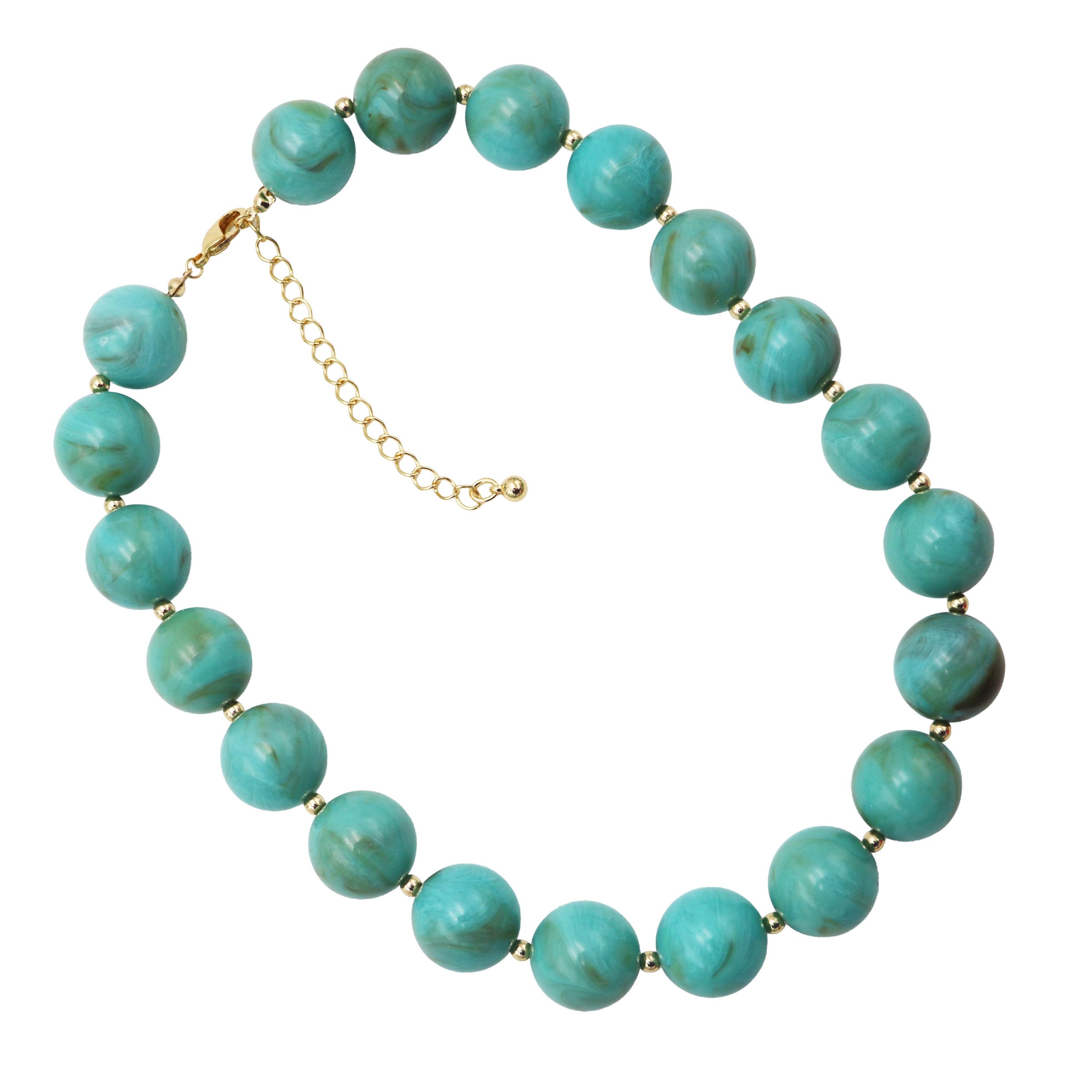 Chunky Resin Beaded Strand Necklace, Turquoise Marbled, 20mm Beads, 18K Gold Dipped, 18-21 Inch with 3 Inch Extension