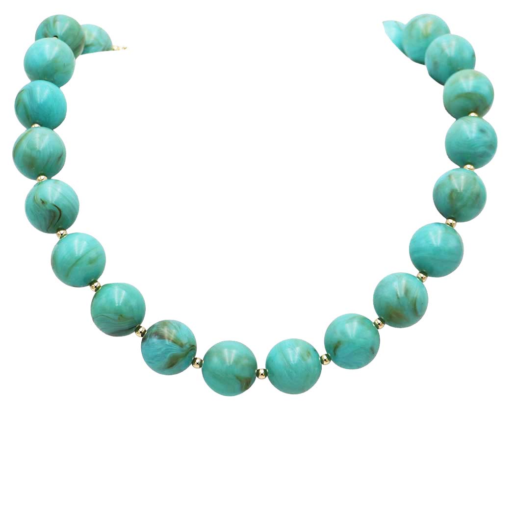 Chunky Resin Beaded Strand Necklace, Turquoise Marbled, 20mm Beads, 18K Gold Dipped, 18-21 Inch with 3 Inch Extension