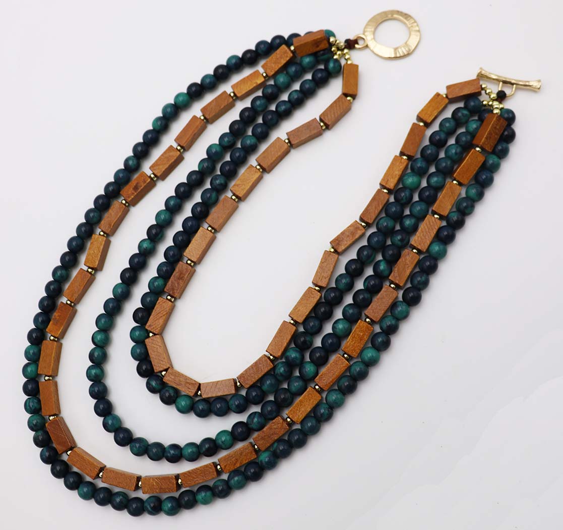 Five Layer Strand Necklace, Teal Resin Pearl Beads with Square Wood Beads, 18K Gold Dipped, Toggle Clasp, 18 Inch