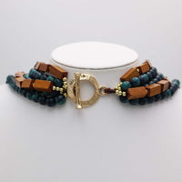 Five Layer Strand Necklace, Teal Resin Pearl Beads with Square Wood Beads, 18K Gold Dipped, Toggle Clasp, 18 Inch