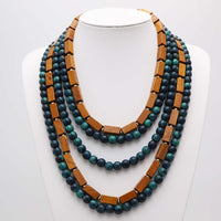 Five Layer Strand Necklace, Teal Resin Pearl Beads with Square Wood Beads, 18K Gold Dipped, Toggle Clasp, 18 Inch