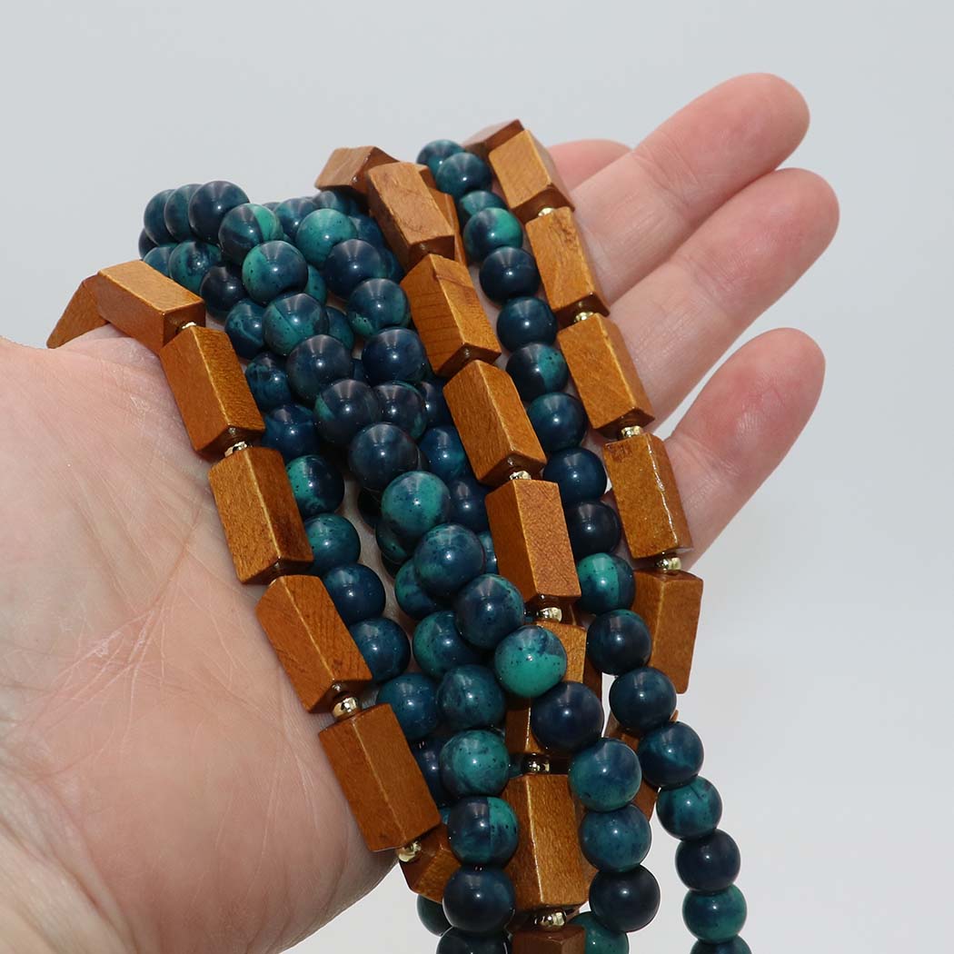 Five Layer Strand Necklace, Teal Resin Pearl Beads with Square Wood Beads, 18K Gold Dipped, Toggle Clasp, 18 Inch