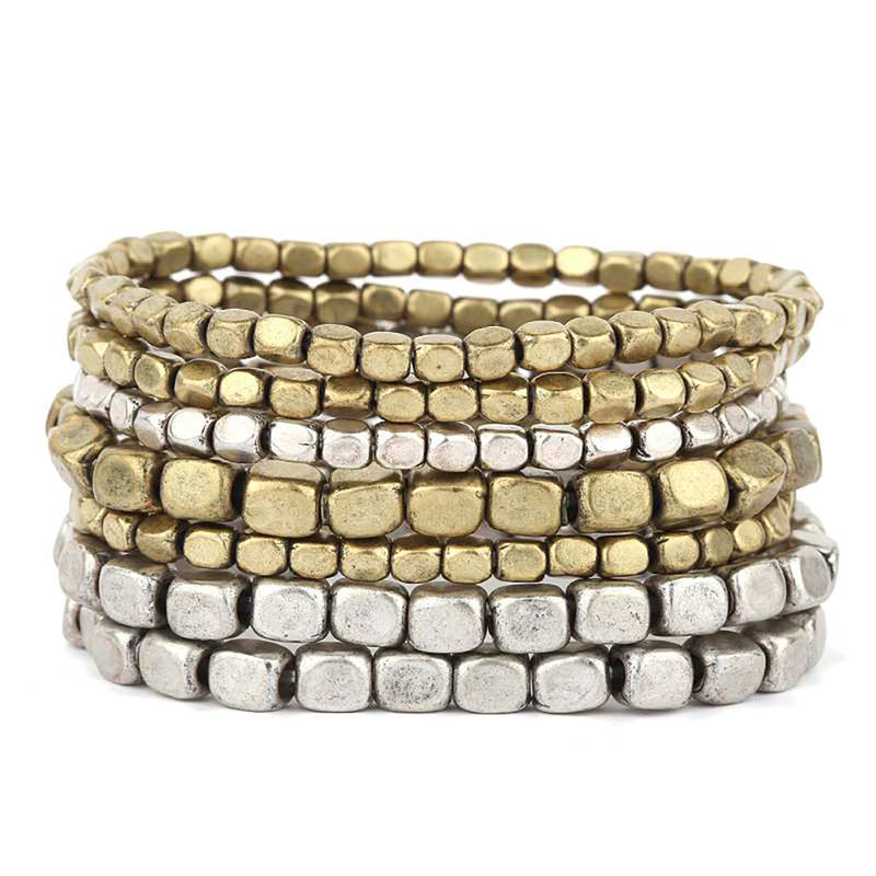 Chunky Nugget Multi Strand Stacking Statement Stretch Bangle Bracelet Set of 7 (Burnished Two Tone Gold Silver)