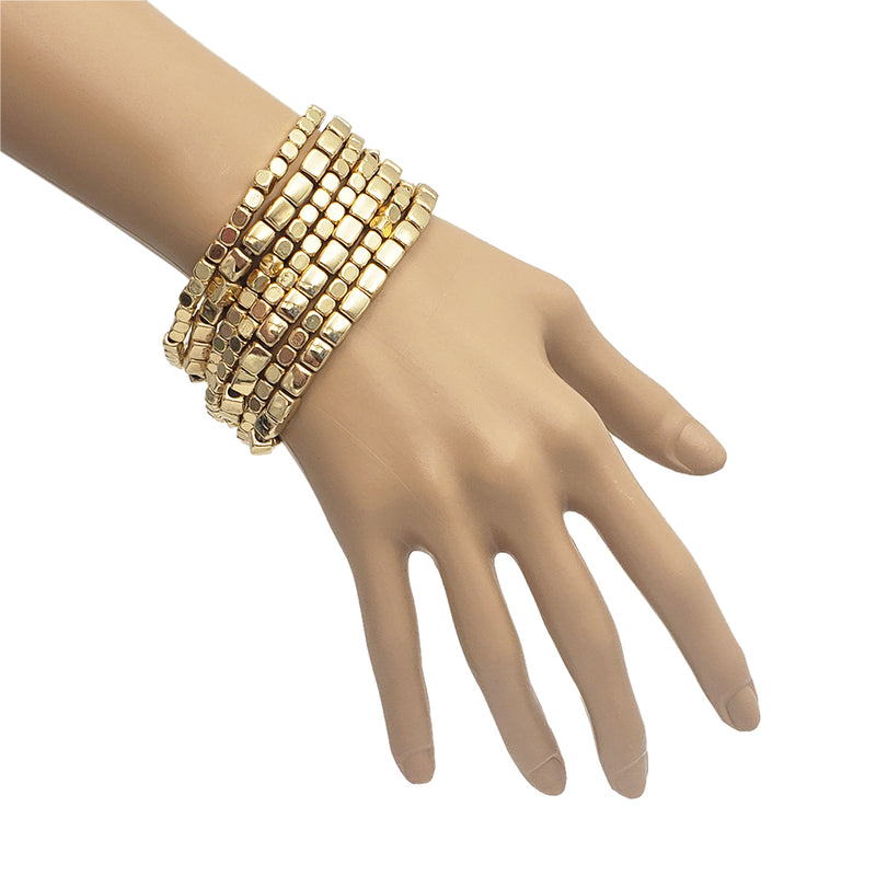 Chunky Nugget Multi Strand Stacking Statement Stretch Bangle Bracelet Set of 7 (Polished Gold Tone)