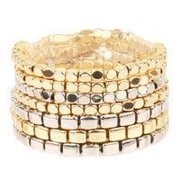 Two Tone Color Stacking Statement Stretch Bracelet Set of 7 (Polished Gold Silver)