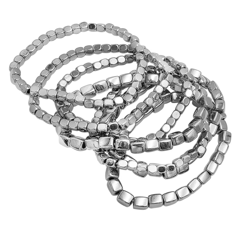 Chunky Nugget Multi Strand Stacking Statement Stretch Bangle Bracelet Set of 7 (Polished Silver Tone)