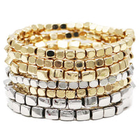 Chunky Nugget Multi Strand Stacking Statement Stretch Bangle Bracelet Set of 7 (Polished Silver and Gold Tone)