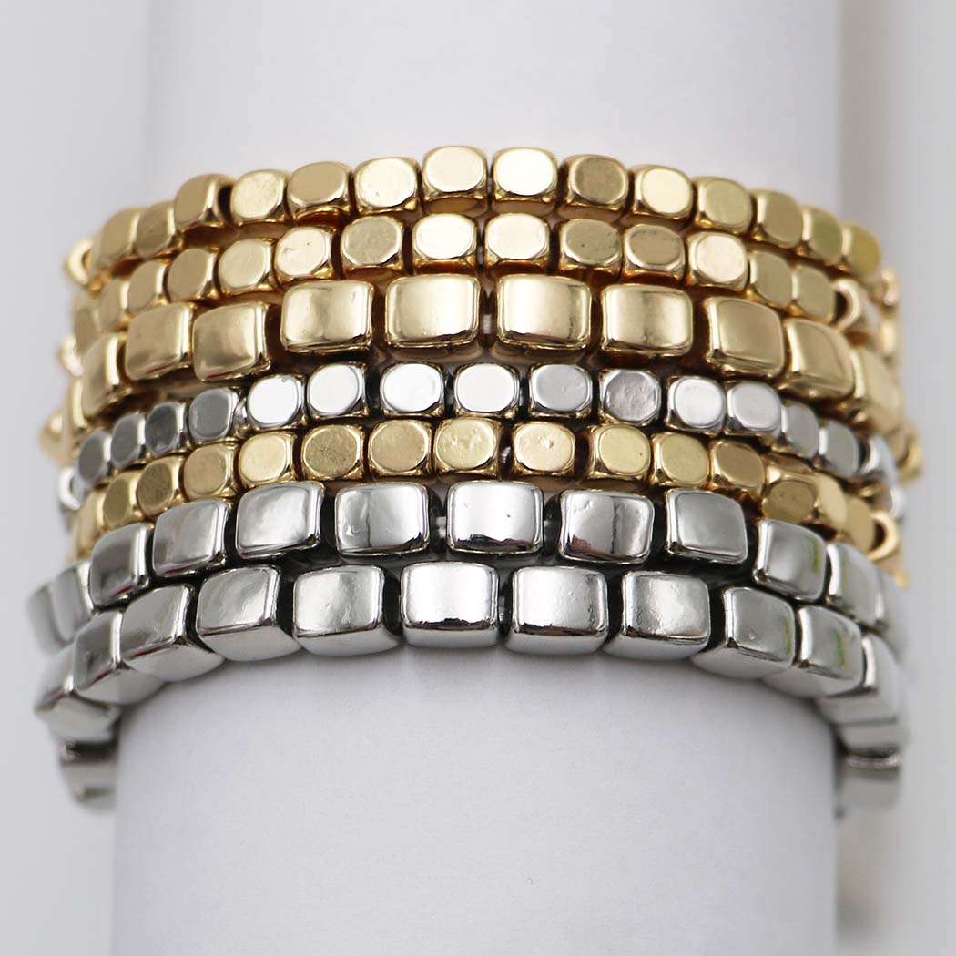Two Tone Color Stacking Statement Stretch Bracelet Set of 7 (Polished Gold Silver)
