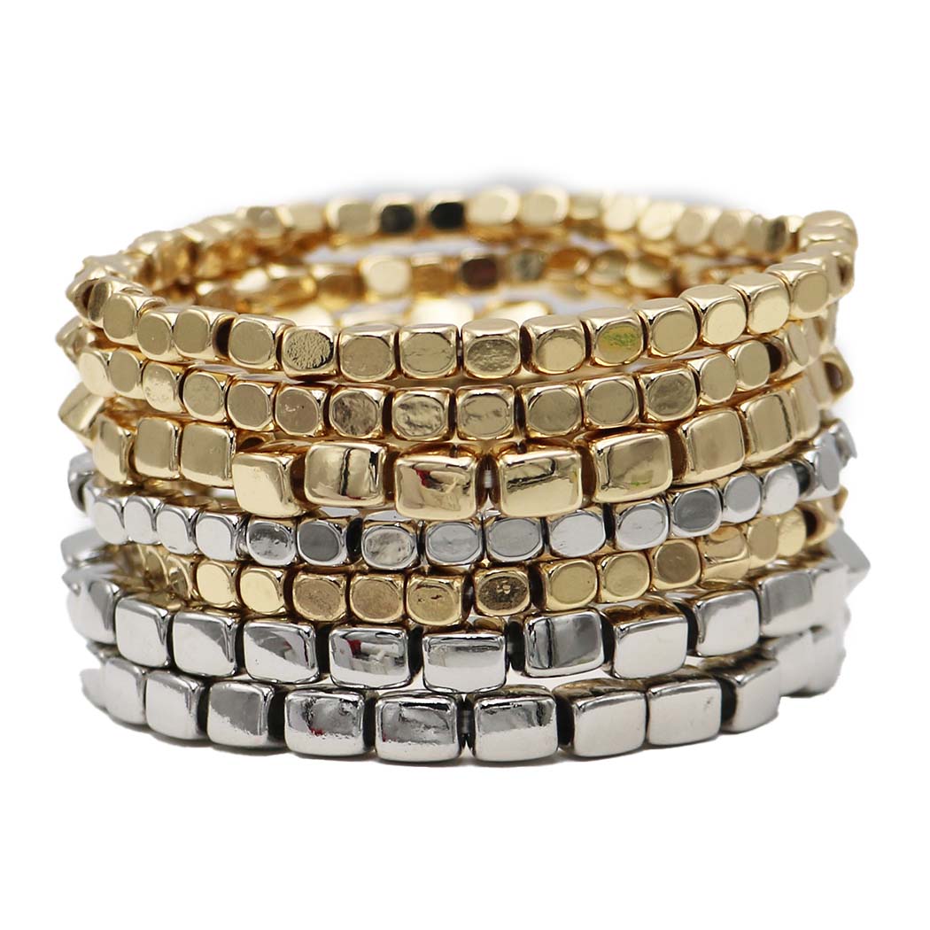 Two Tone Color Stacking Statement Stretch Bracelet Set of 7 (Polished Gold Silver)