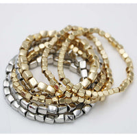 Two Tone Color Stacking Statement Stretch Bracelet Set of 7 (Polished Gold Silver)
