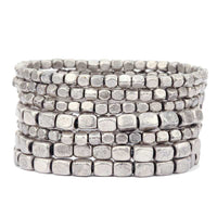 Chunky Nugget Multi Strand Stacking Statement Stretch Bangle Bracelet Set of 7 (Burnished Silver Tone)