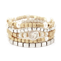 Set of 5 Stacking Chunky Nugget Freshwater Pearl Beaded Stretch Bracelets, 6.5" (Matte Two Tone Silver Gold)