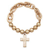 Religious Gifts Women's Statement Matte Gold Tone Cross Charm On Ball Bead And Chunky Cable Link Chain Stretch Bangle Bracelet, 7"