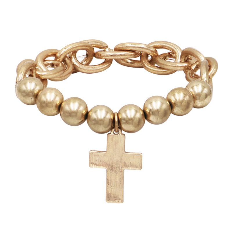 Religious Gifts Women's Statement Matte Gold Tone Cross Charm On Ball Bead And Chunky Cable Link Chain Stretch Bangle Bracelet, 7"