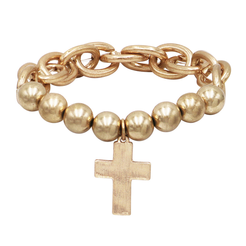 Rosemarie's Religious Gifts Women's Statement Matte Gold Tone Cross Charm On Ball Bead And Chunky Cable Link Chain Stretch Bangle Bracelet, 7"