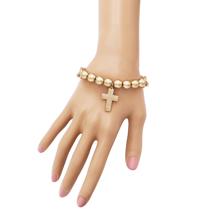 Religious Gifts Women's Statement Matte Gold Tone Cross Charm On Ball Bead And Chunky Cable Link Chain Stretch Bangle Bracelet, 7"